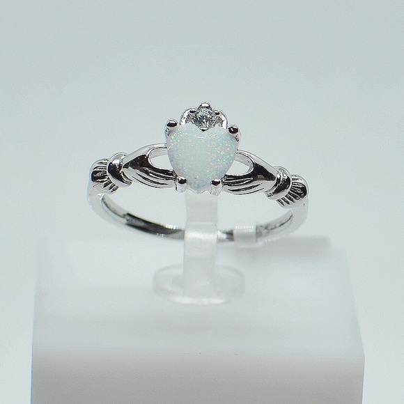 .925 Sterling Silver White Opal Claddagh Ring - Picture 3 of 6
